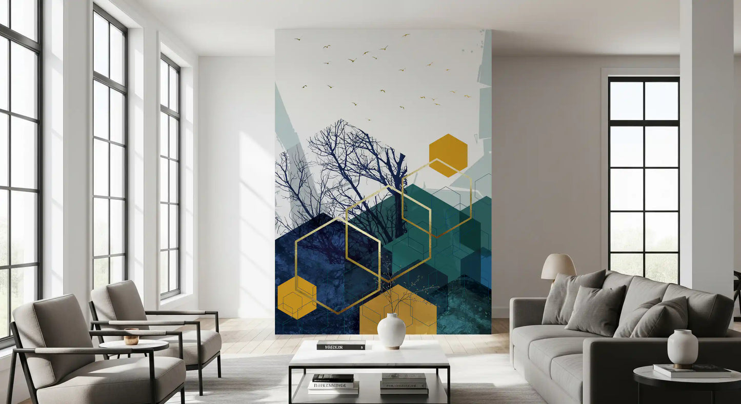 Azure Branches & Gold Hexes Wall Mural in living room., GD10267