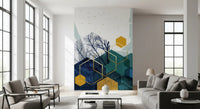 Azure Branches & Gold Hexes Wall Mural in living room., GD10267