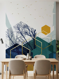 Azure Branches & Gold Hexes Wall Mural for modern dining room spaces., GD10267