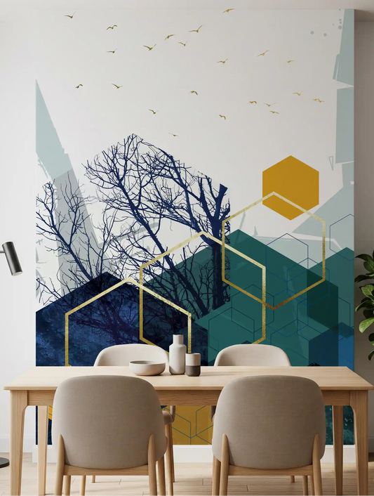 Azure Branches & Gold Hexes Wall Mural for modern dining room spaces.