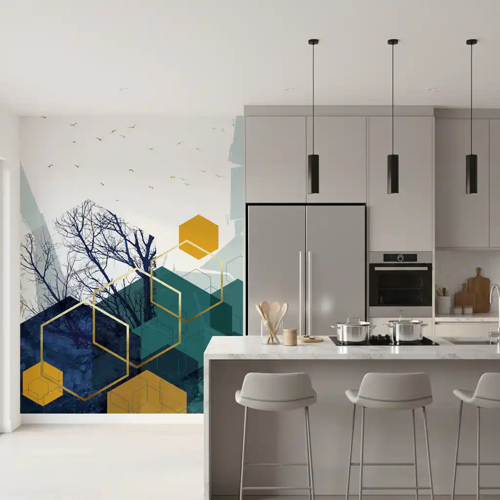Abstract Branches & Gold Hexes Wall Mural with flying birds., GD10267