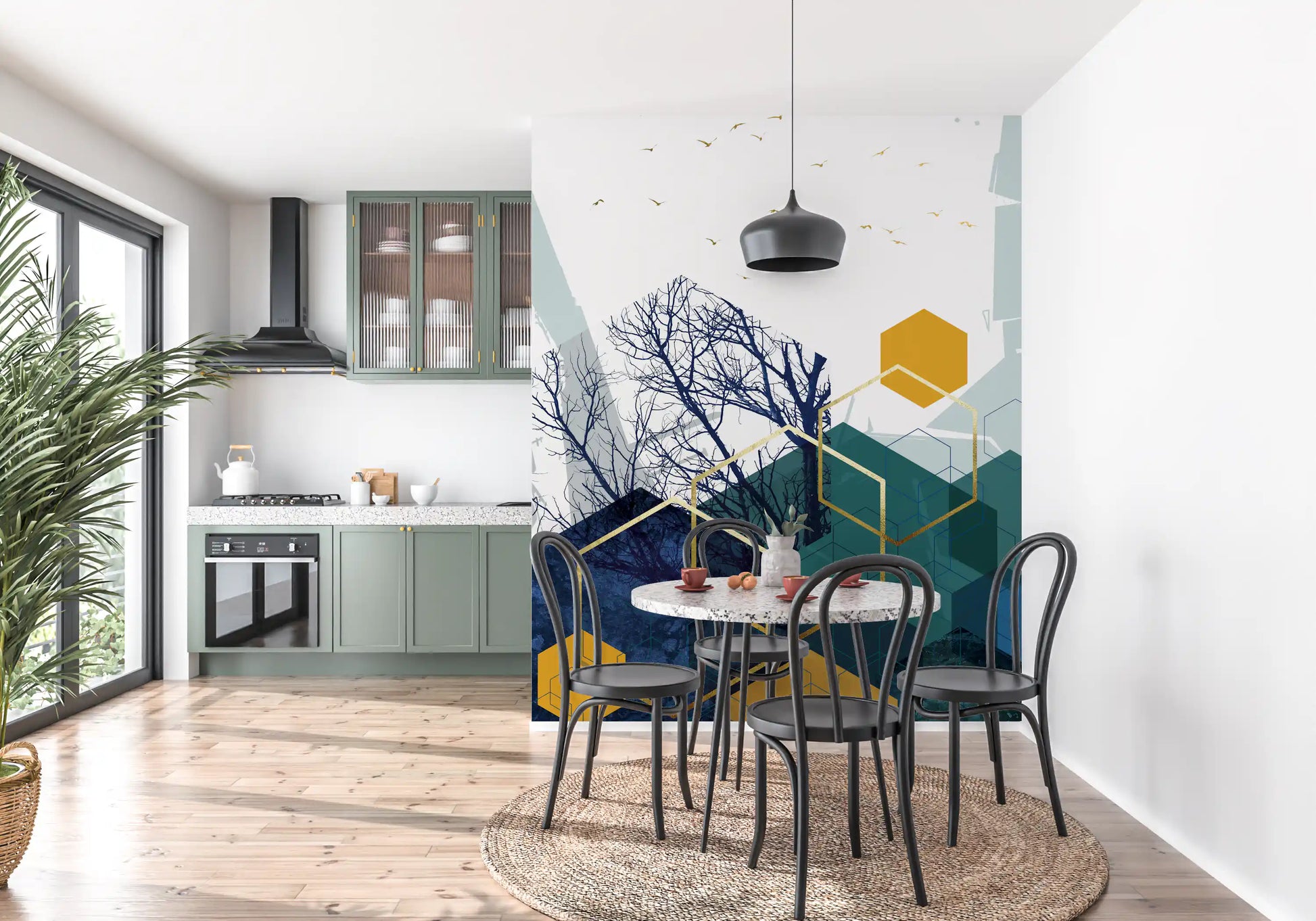 Modern Azure wall mural displaying dark blue trees and yellow shapes., GD10267