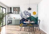 Modern Azure wall mural displaying dark blue trees and yellow shapes., GD10267