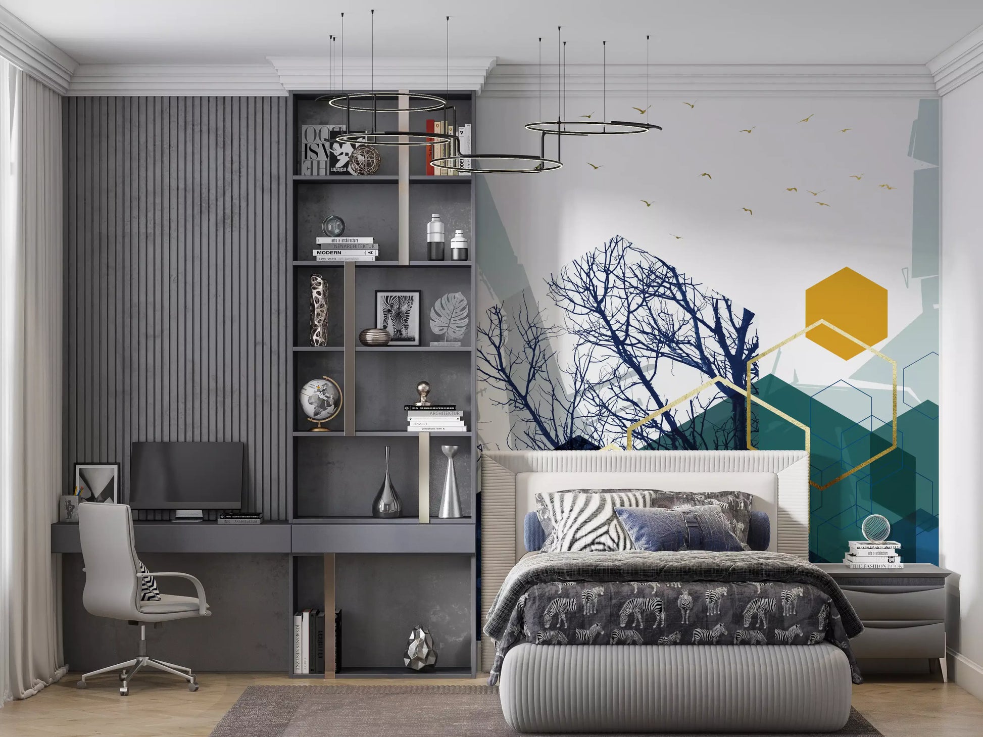 Bare tree Branches wall mural with overlapping gold geometric shapes., GD10267