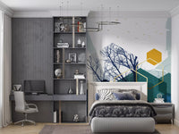 Bare tree Branches wall mural with overlapping gold geometric shapes., GD10267