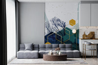 Abstract Gold wall mural featuring winter trees in living area., GD10267