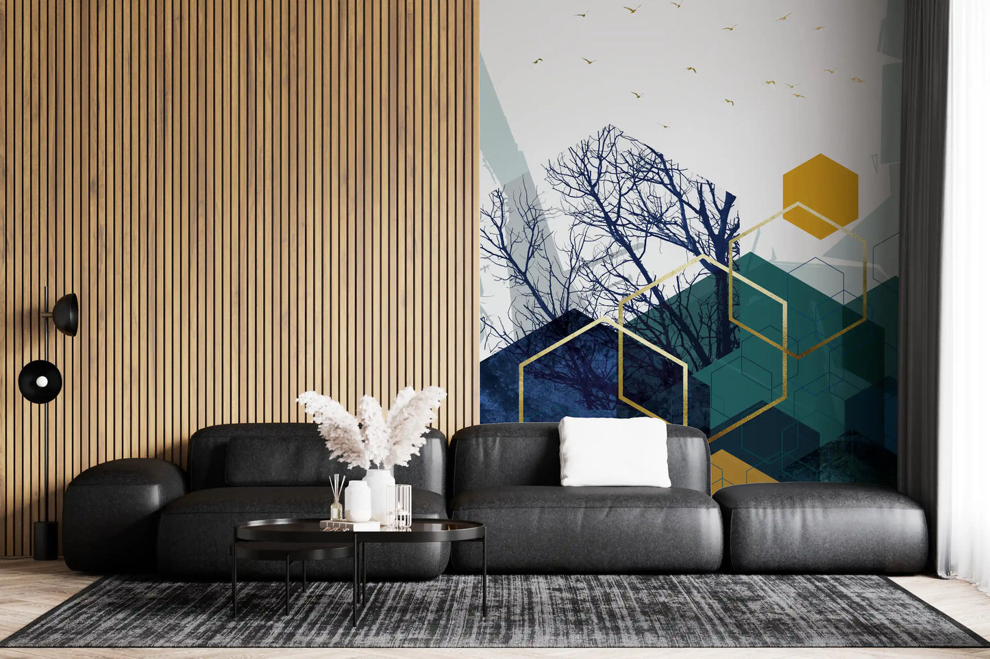 Blue silhouette Branches wall mural accented with gold outlines., GD10267