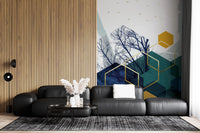 Blue silhouette Branches wall mural accented with gold outlines., GD10267