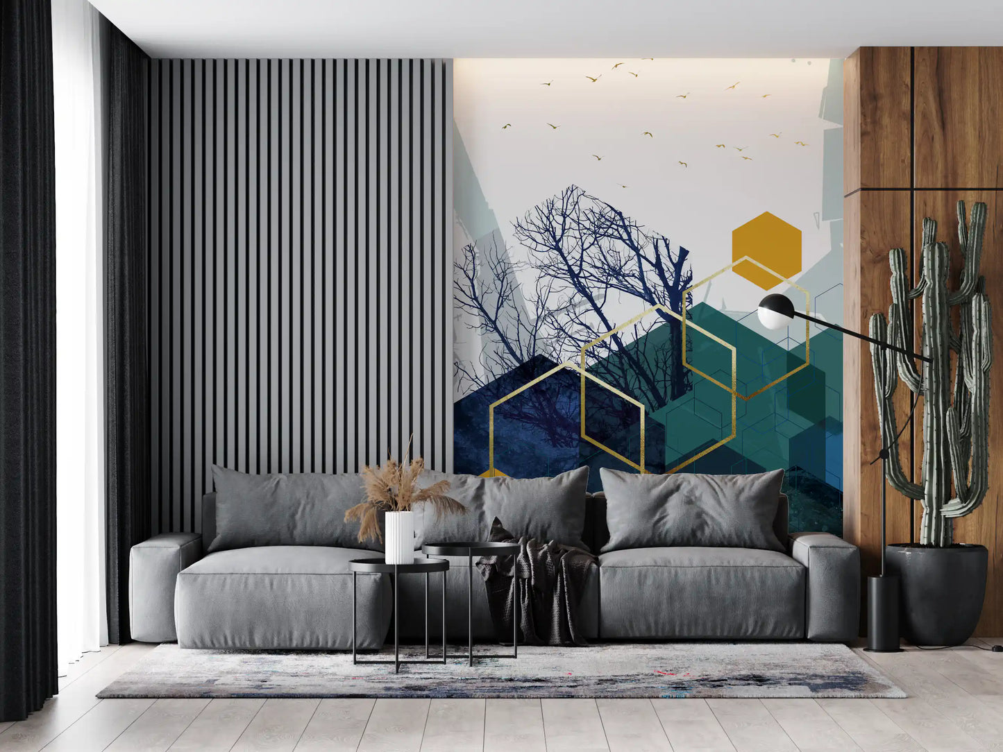 Navy and teal textured wall mural with solid Gold hexagonal elements., GD10267