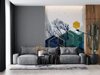 Navy and teal textured wall mural with solid Gold hexagonal elements., GD10267