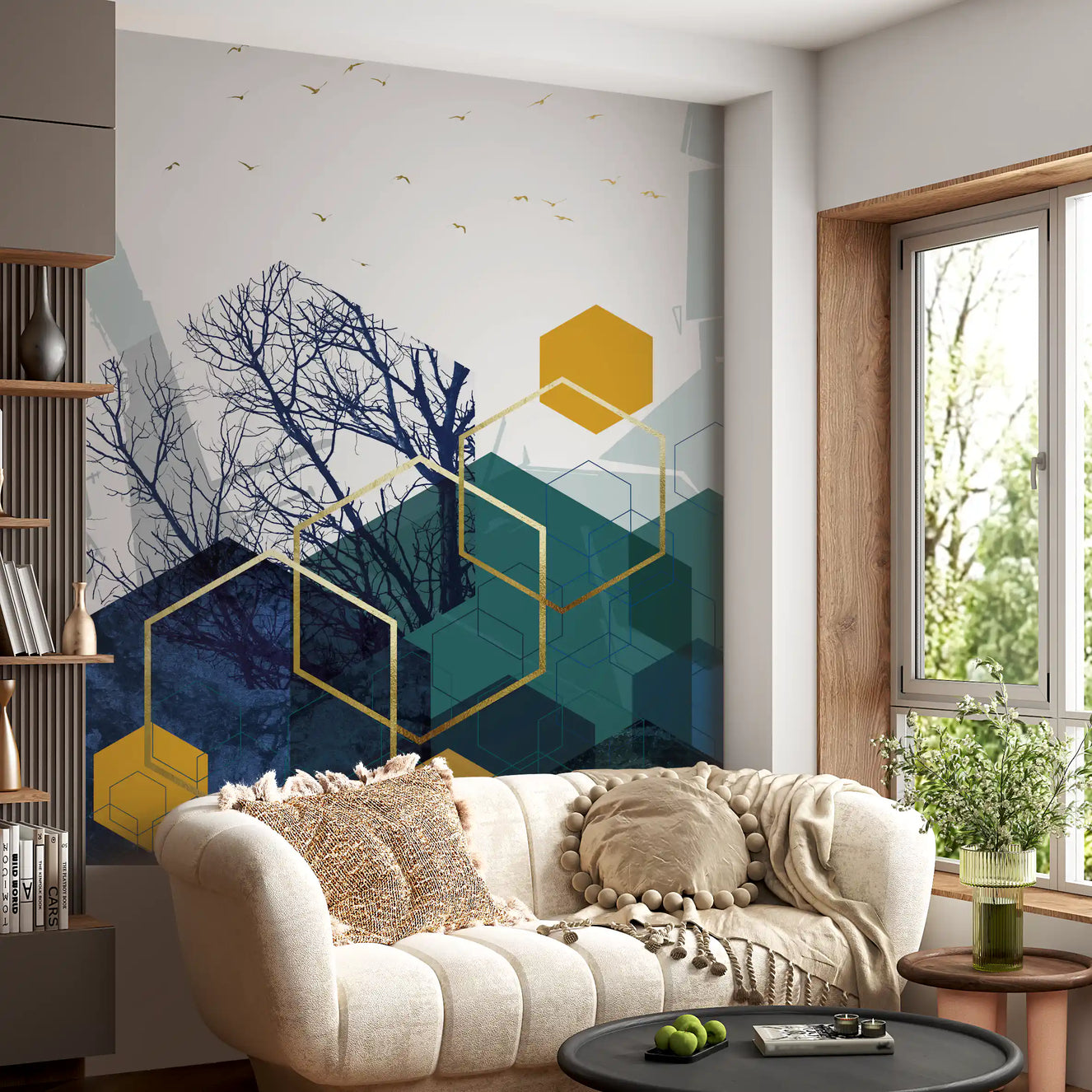 Azure Branches & Gold Hexes Wall Mural