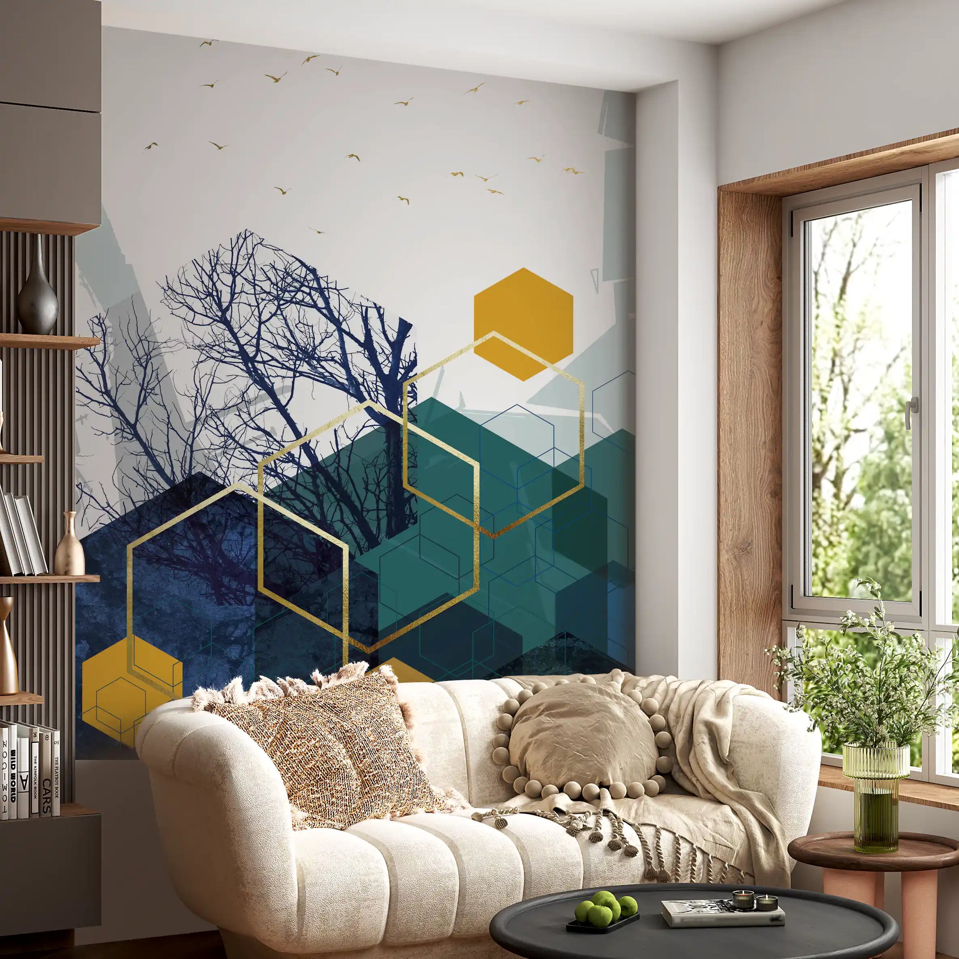Geometric Hexes wall mural with abstract navy and teal patterns., GD10267