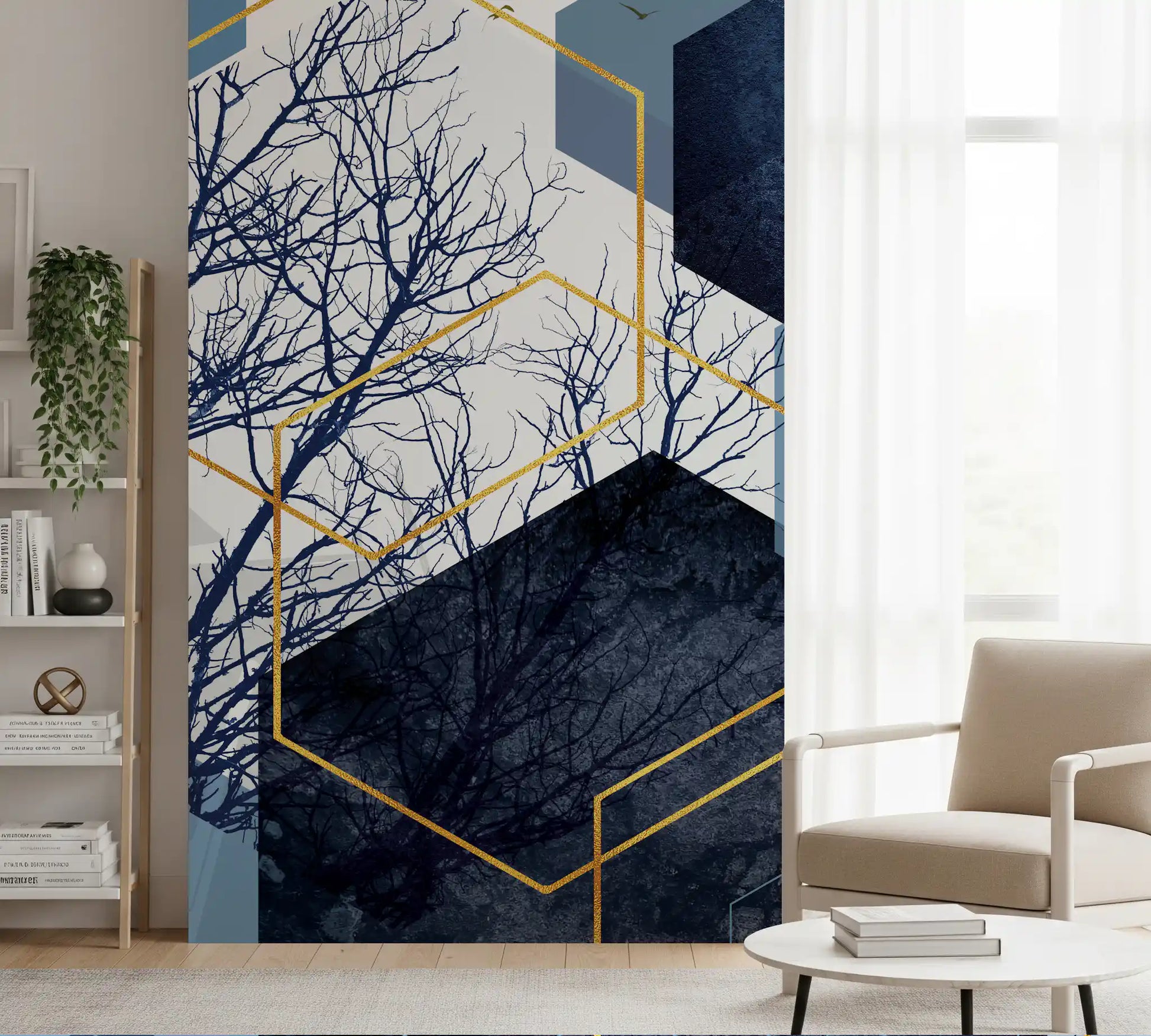 Navy blue textured blocks and golden frames on this Geometry wall mural., GD10268