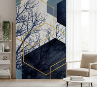 Navy blue textured blocks and golden frames on this Geometry wall mural., GD10268