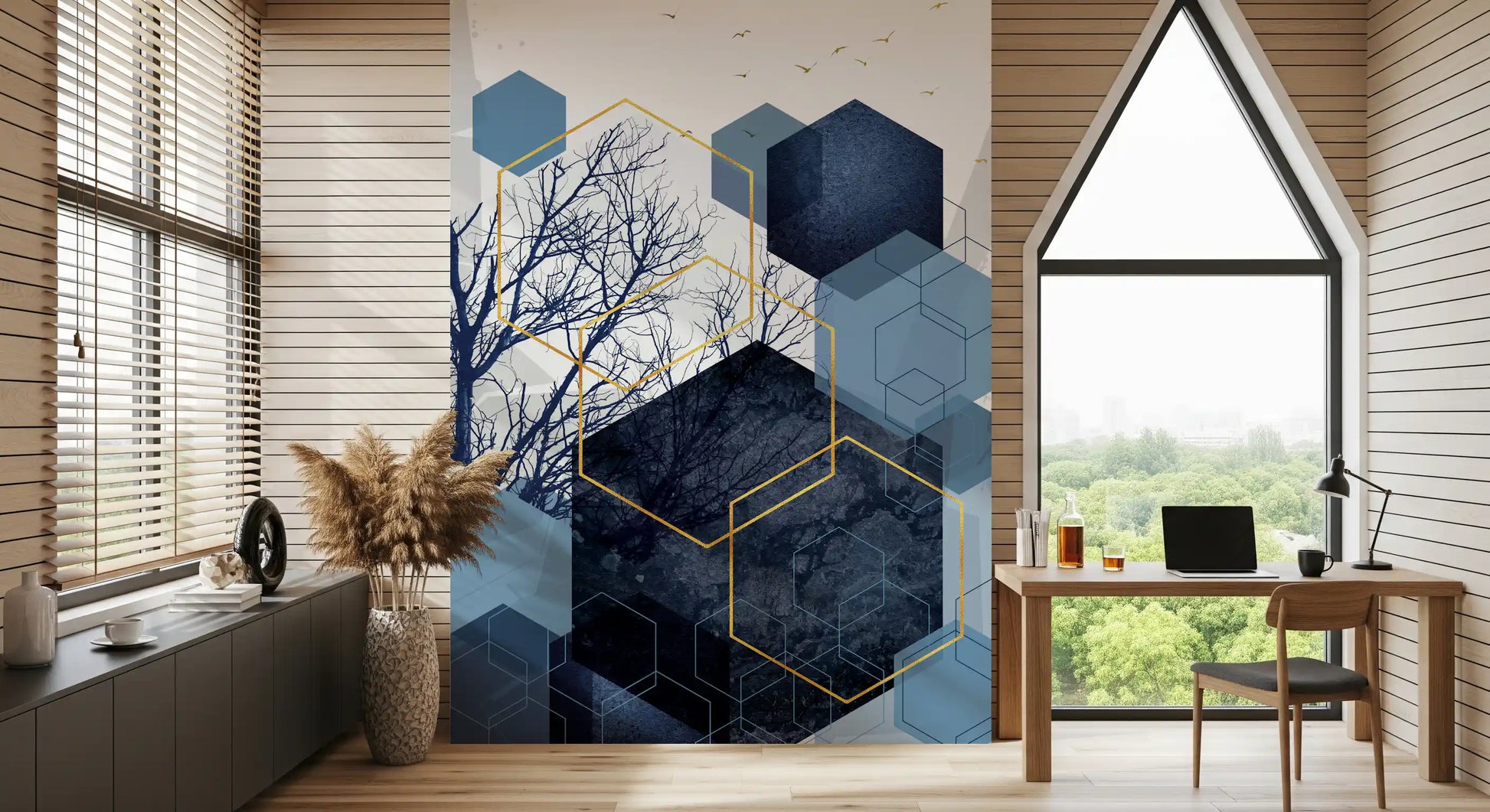 Blue Geometry wall mural displaying abstract dark trees and small birds., GD10268