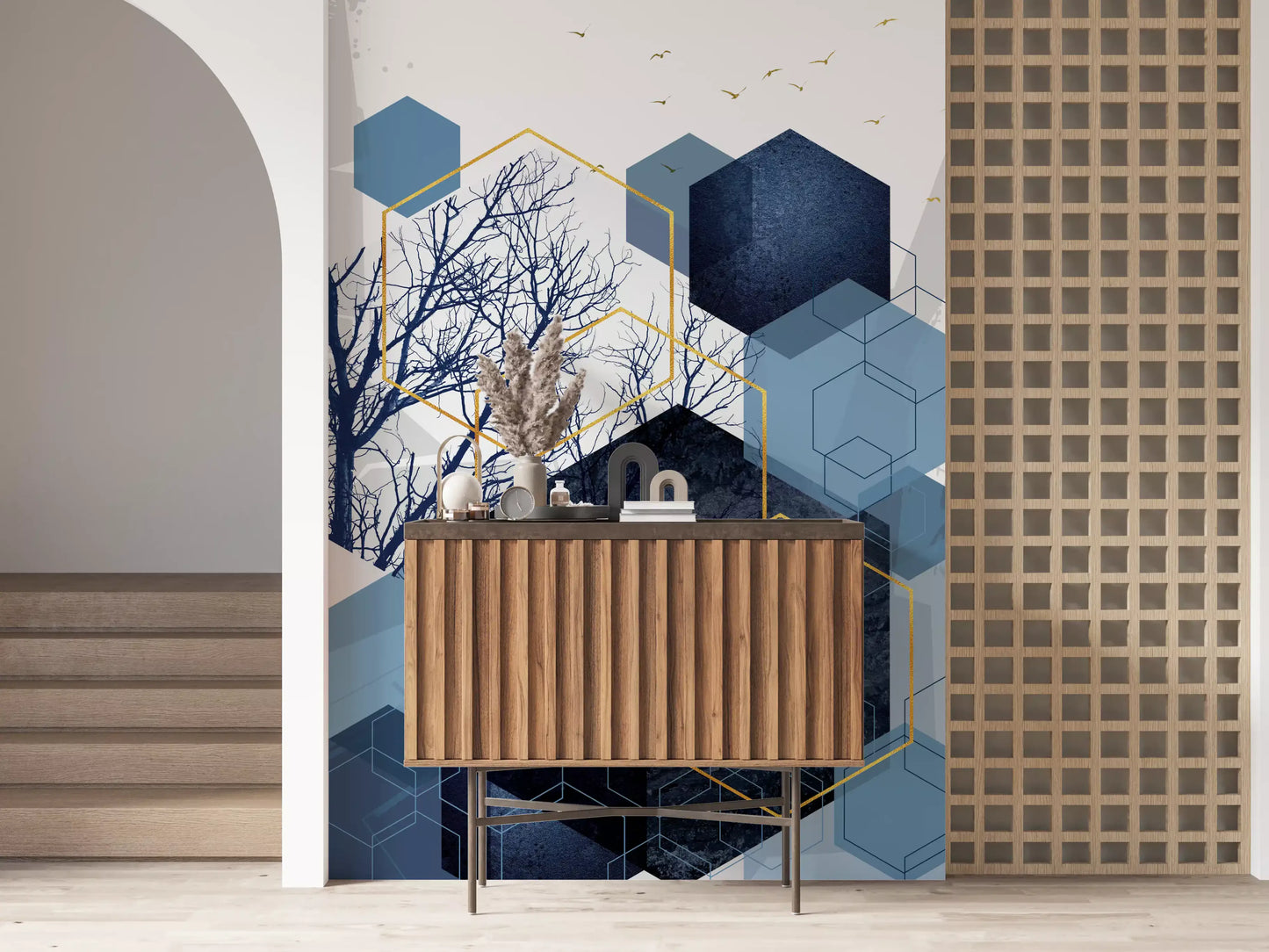 Contemporary Geometry wall mural depicting trees inside blue block shapes., GD10268