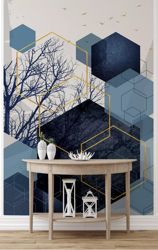 Blue textured blocks and flying birds on Geometry wall mural for hallway.
