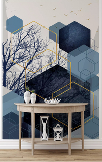 Blue textured blocks and flying birds on Geometry wall mural for hallway., GD10268
