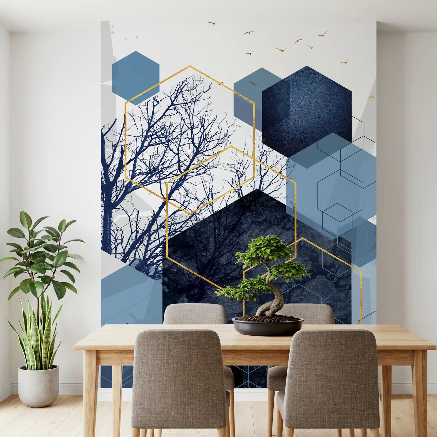 Azure Geometry Wall Mural showcasing layered hexagon art in dining room., GD10268