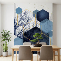 Azure Geometry Wall Mural showcasing layered hexagon art in dining room., GD10268