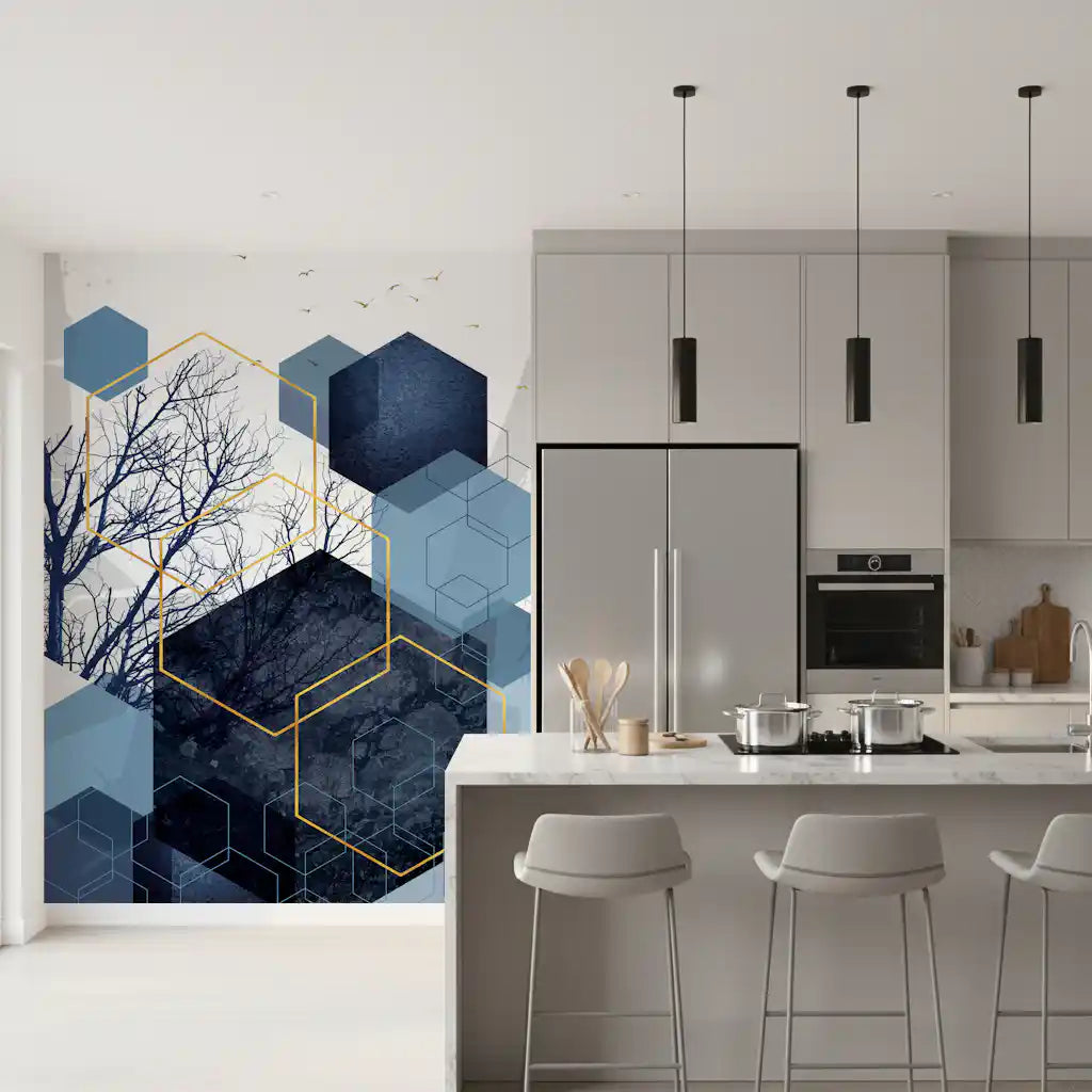 Abstract landscape Azure wall mural featuring bird flock and dark branches., GD10268