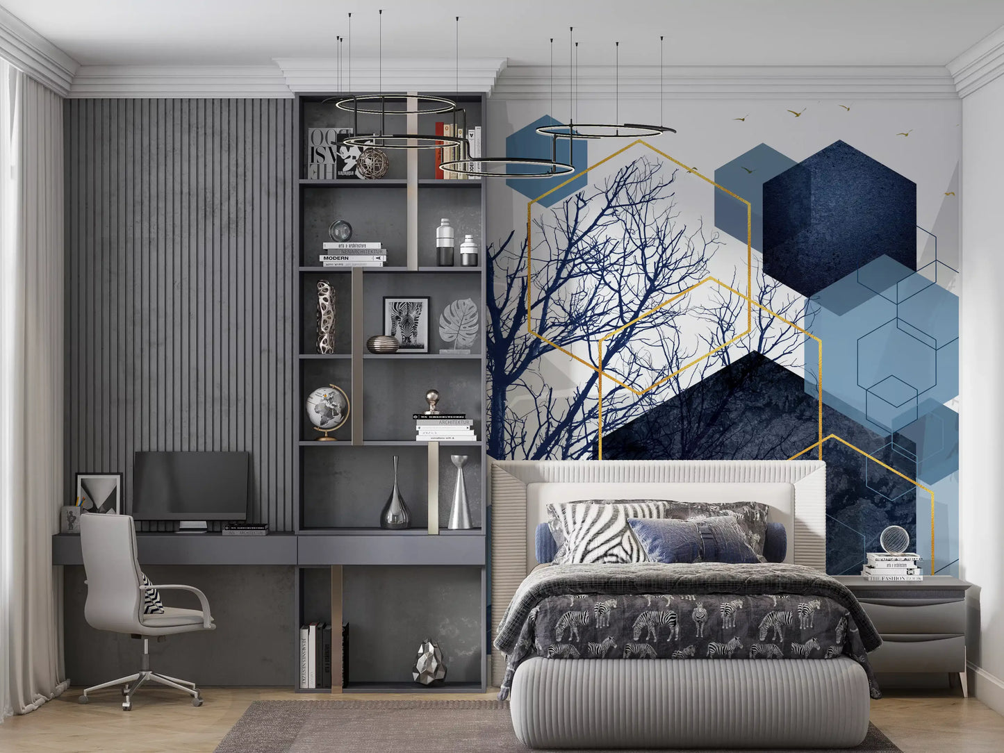 Light blue and navy Azure wall mural with golden outlines and branches., GD10268