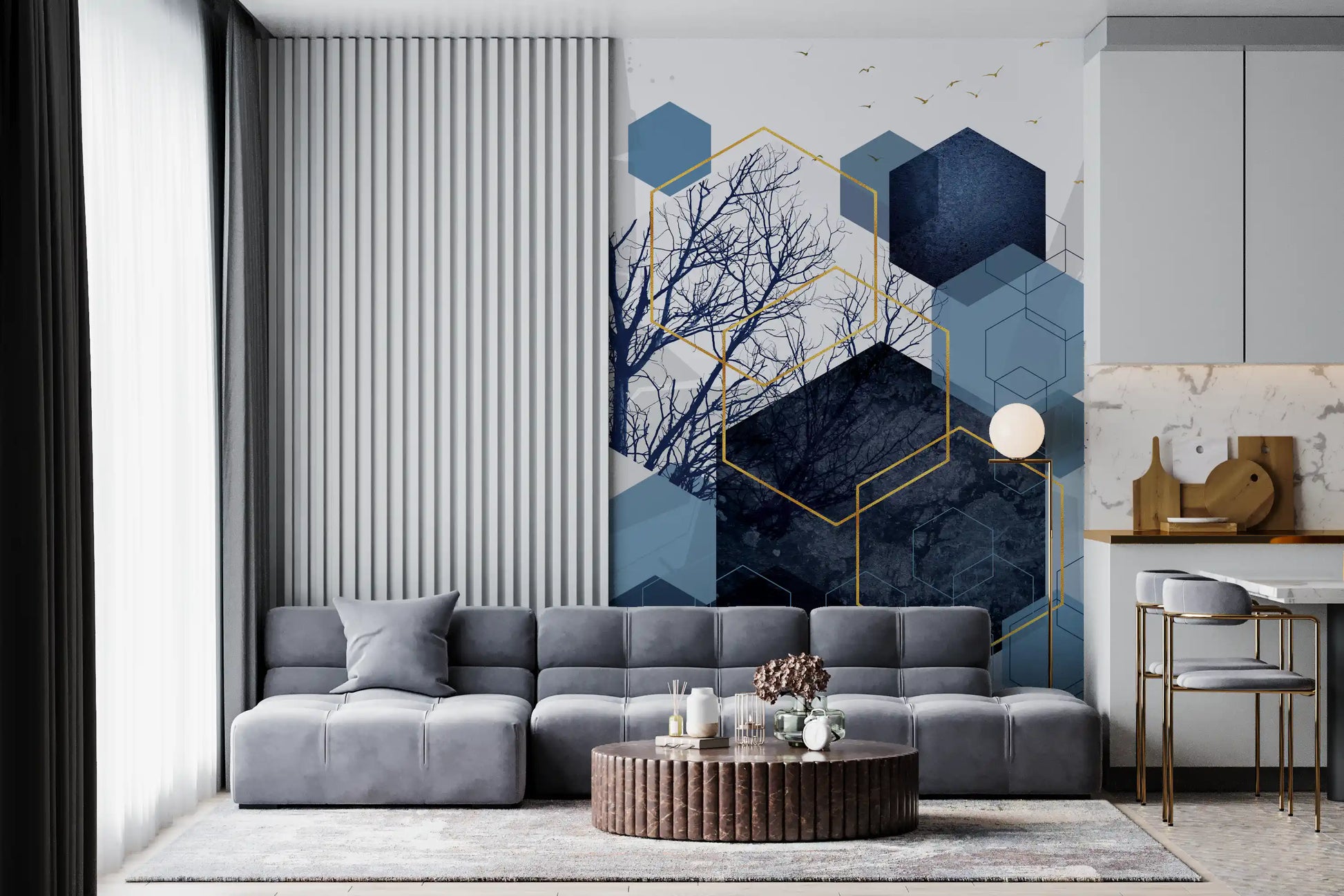 Minimalist abstract Azure wall mural with hexagon clusters in living room., GD10268