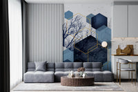 Minimalist abstract Azure wall mural with hexagon clusters in living room., GD10268