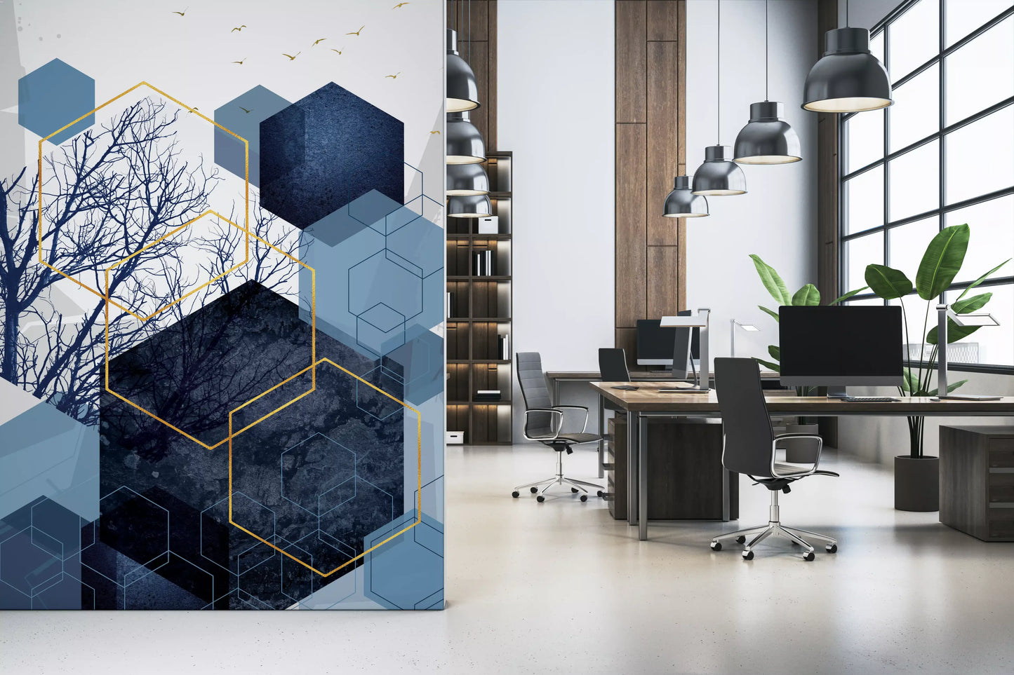 Azure Geometry Wall Mural with blue hexagons and gold lines in office., GD10268