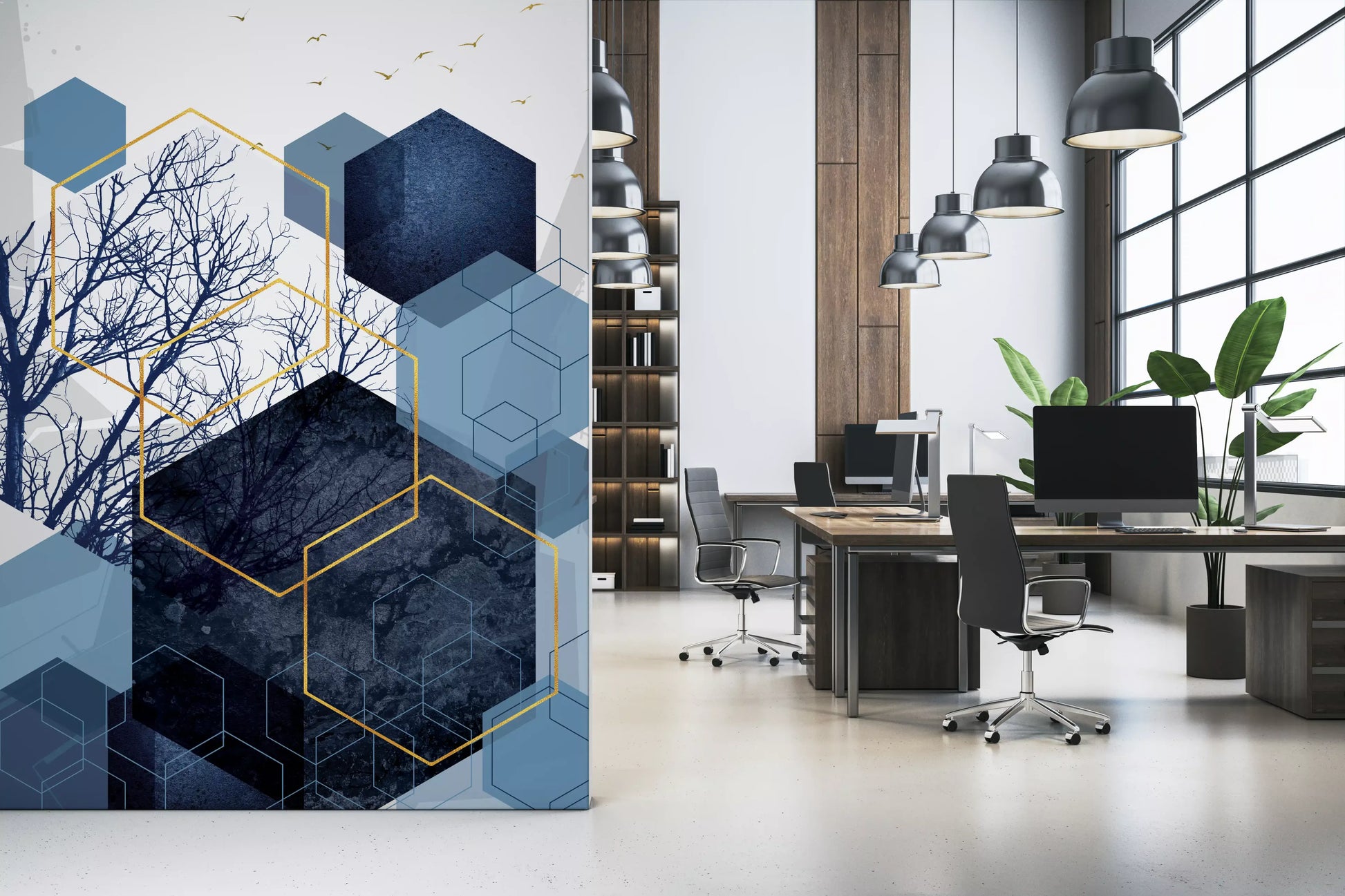 Azure Geometry Wall Mural with blue hexagons and gold lines in office., GD10268