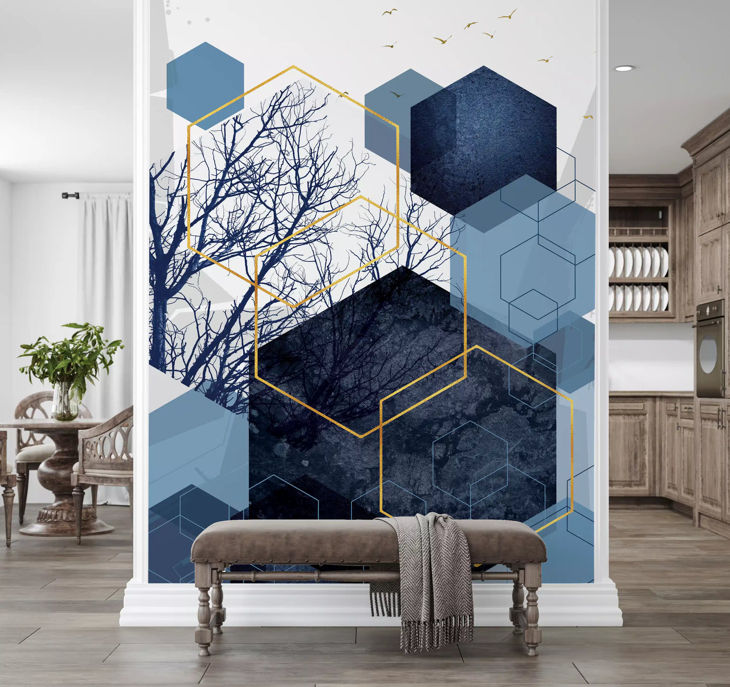 Modern abstract Azure wall mural featuring dark blue trees and flying birds., GD10268