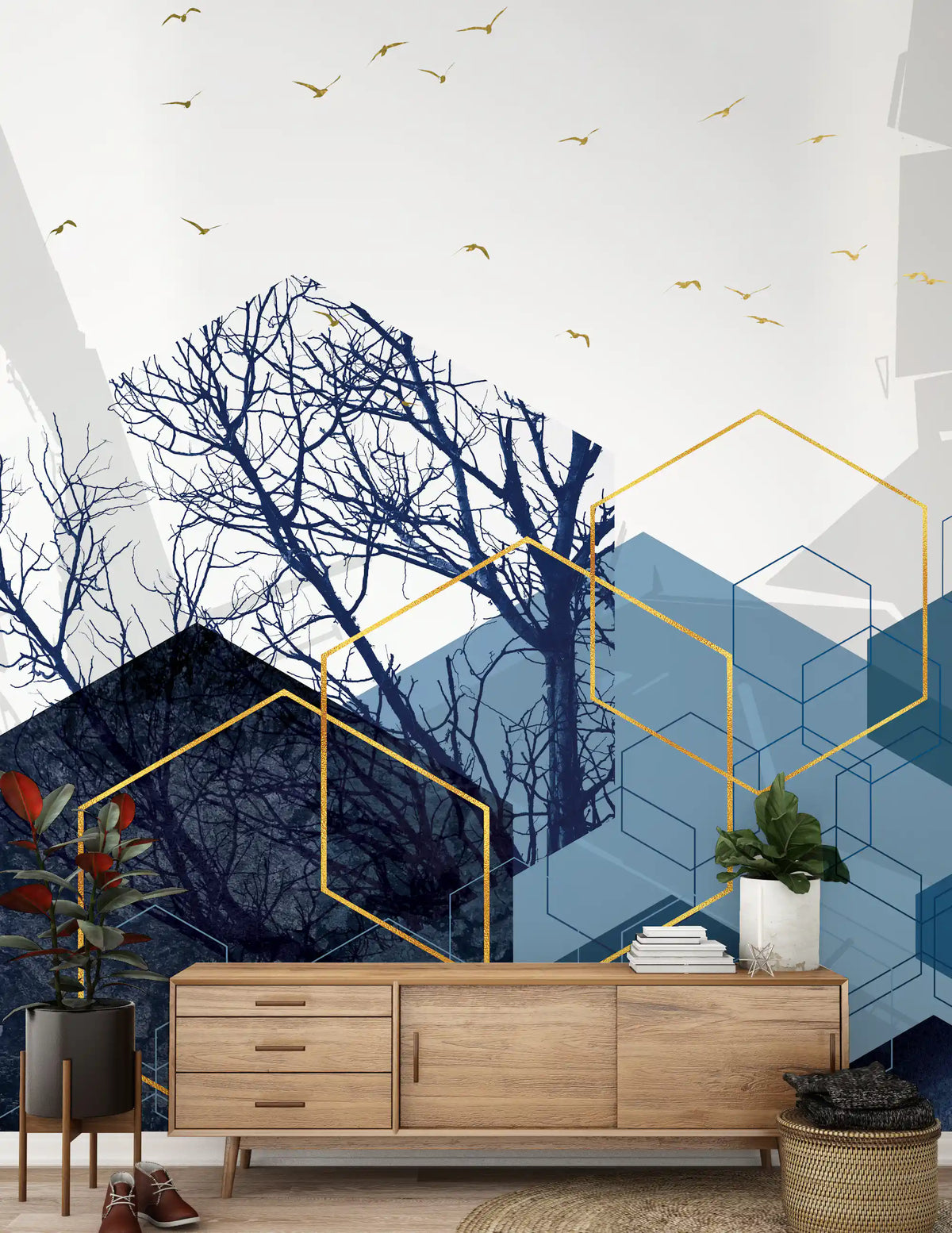 Blue and grey geometric wall mural with alpine forest silhouettes in hallway., GD10269