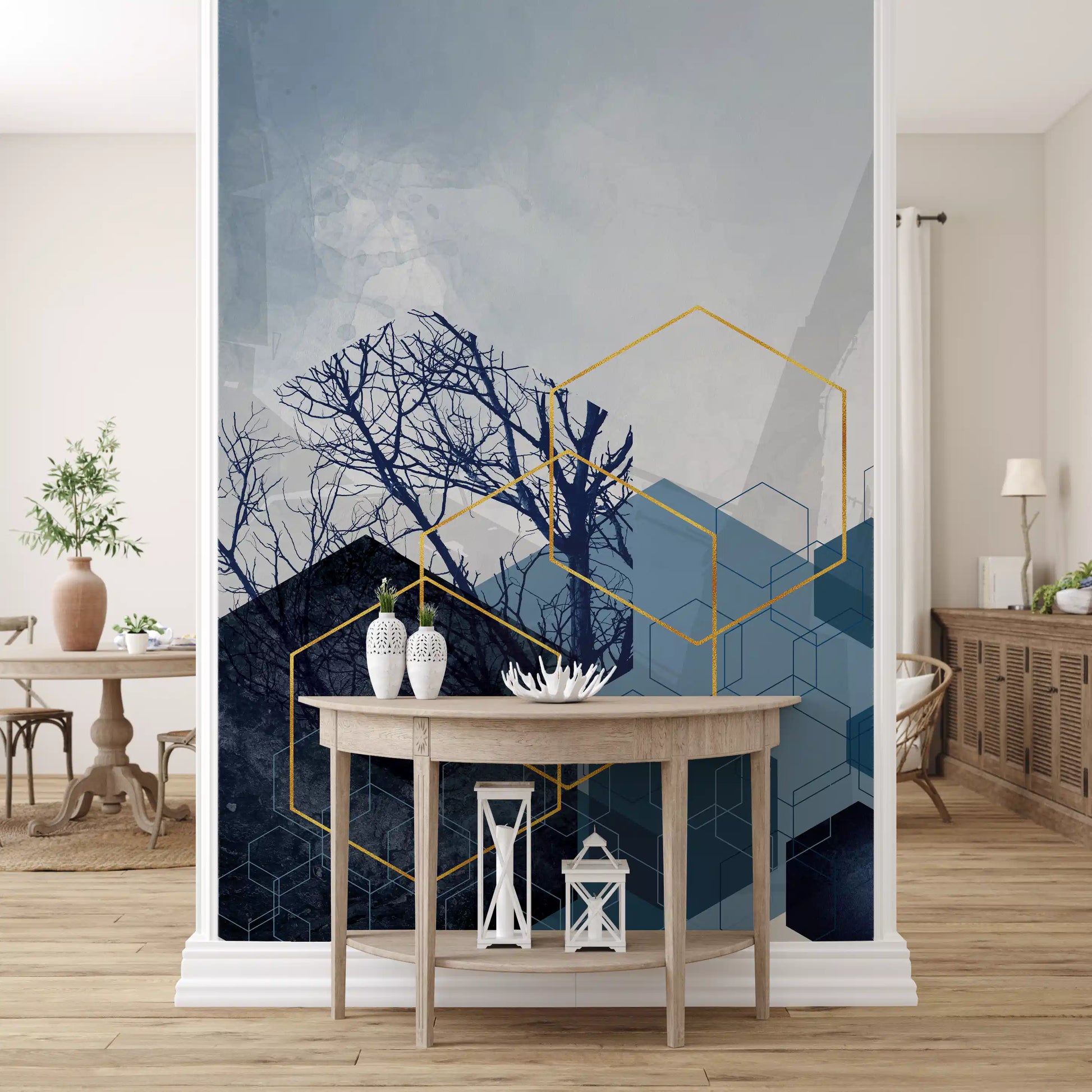 Abstract tree silhouette design with gold lines on blue wall mural., GD10270