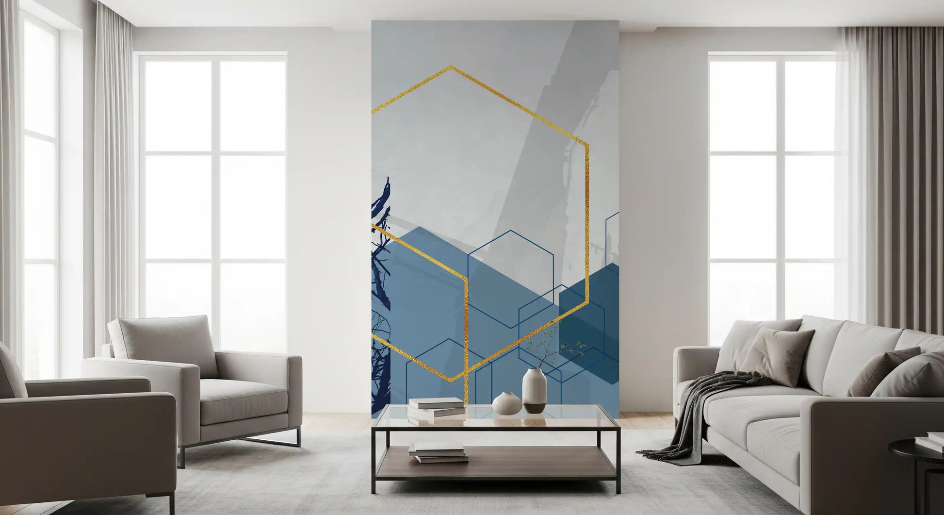 Abstract blue and gold geometric wall mural for a stylish living room., GD10270