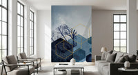 Gold geometric pattern layered over a blue forest wall mural., GD10270
