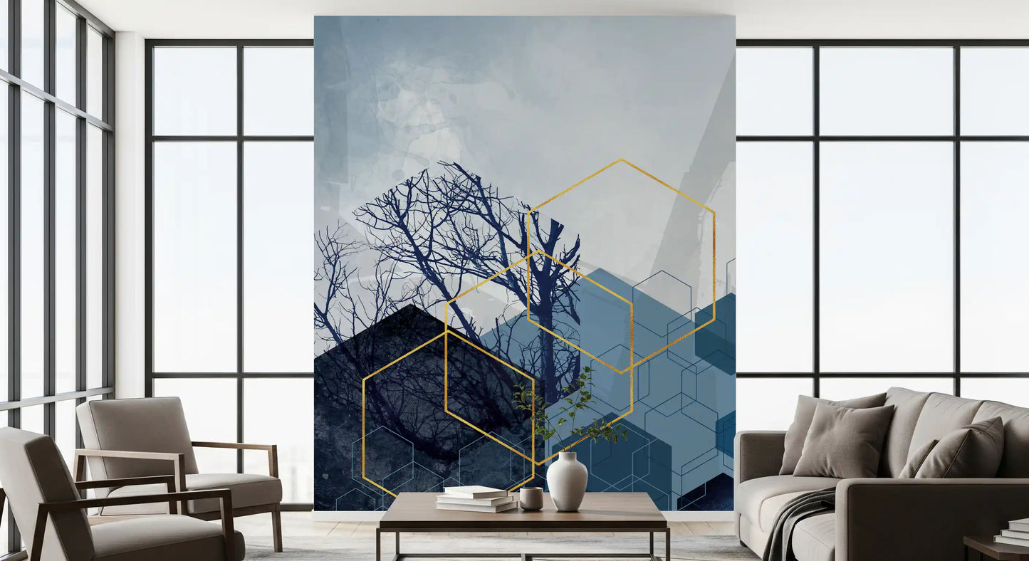 Geometric art style wall mural for a modern living room setting., GD10270