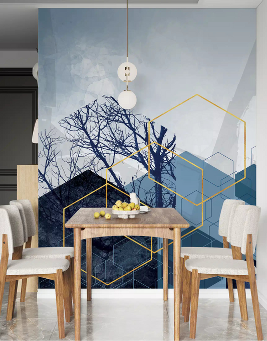 Geometric Forest Glimmer Wall Mural with blue and gold hexagonal patterns in dining room.