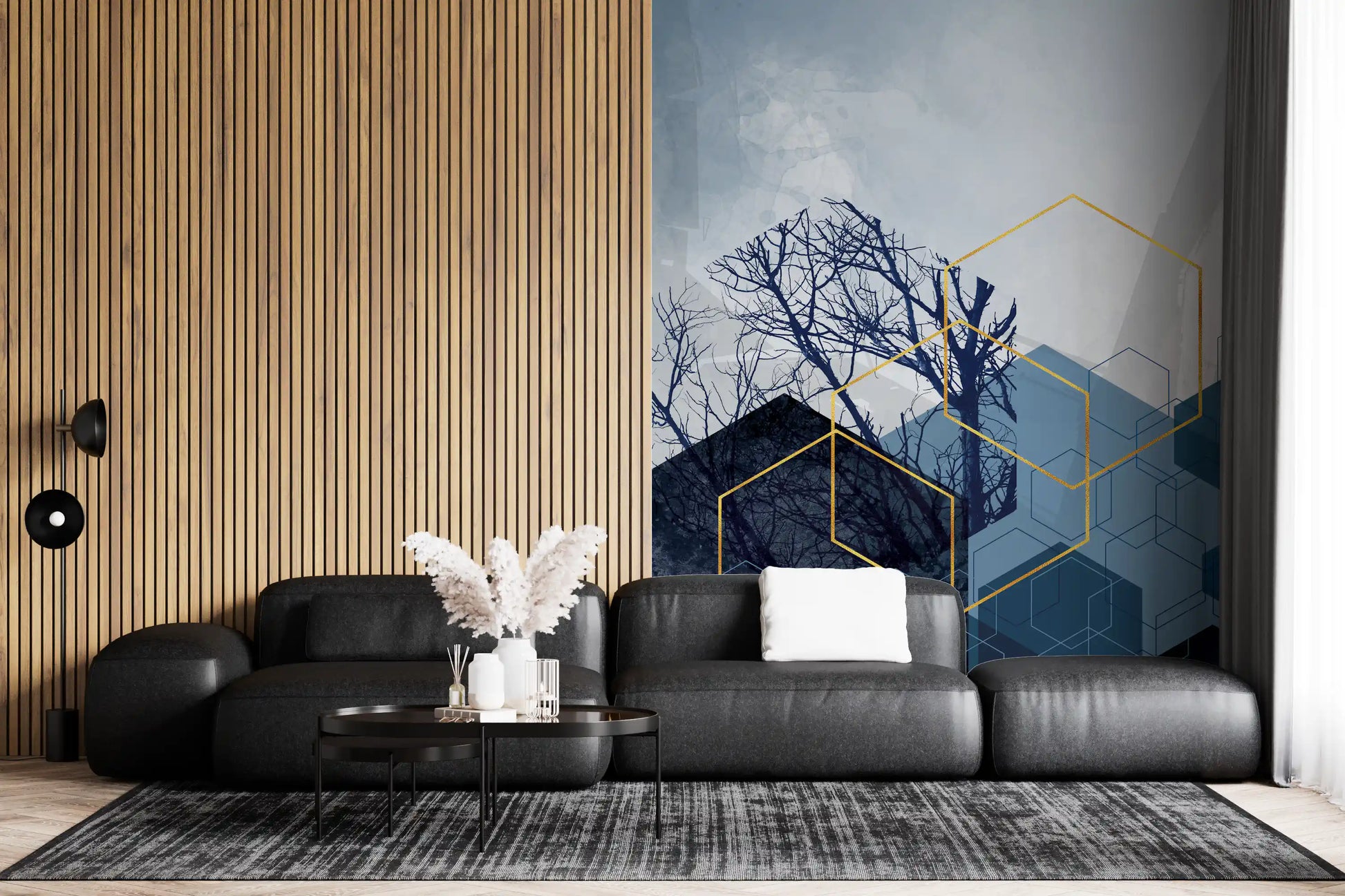 Minimalist wall mural featuring blue trees and gold geometric shapes., GD10270