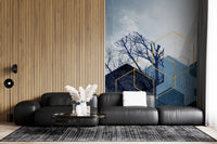 Minimalist wall mural featuring blue trees and gold geometric shapes., GD10270