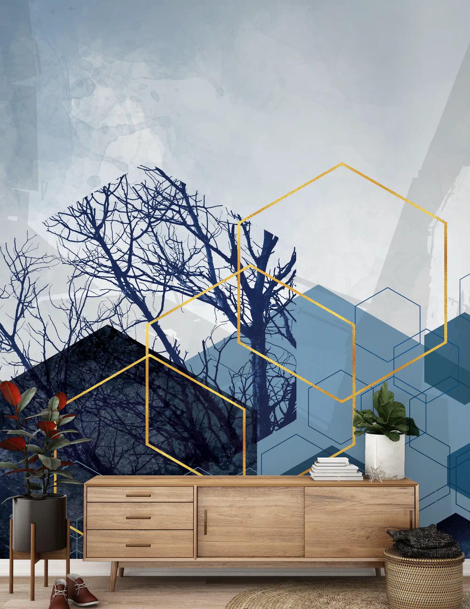 Artistic blue wallpaper with gold forest silhouettes and hexagons., GD10270