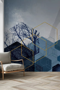 Modern wall mural featuring dark blue geometric shapes and forest trees., GD10270