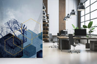 Elegant forest wall mural in shades of deep blue with gold accents., GD10270