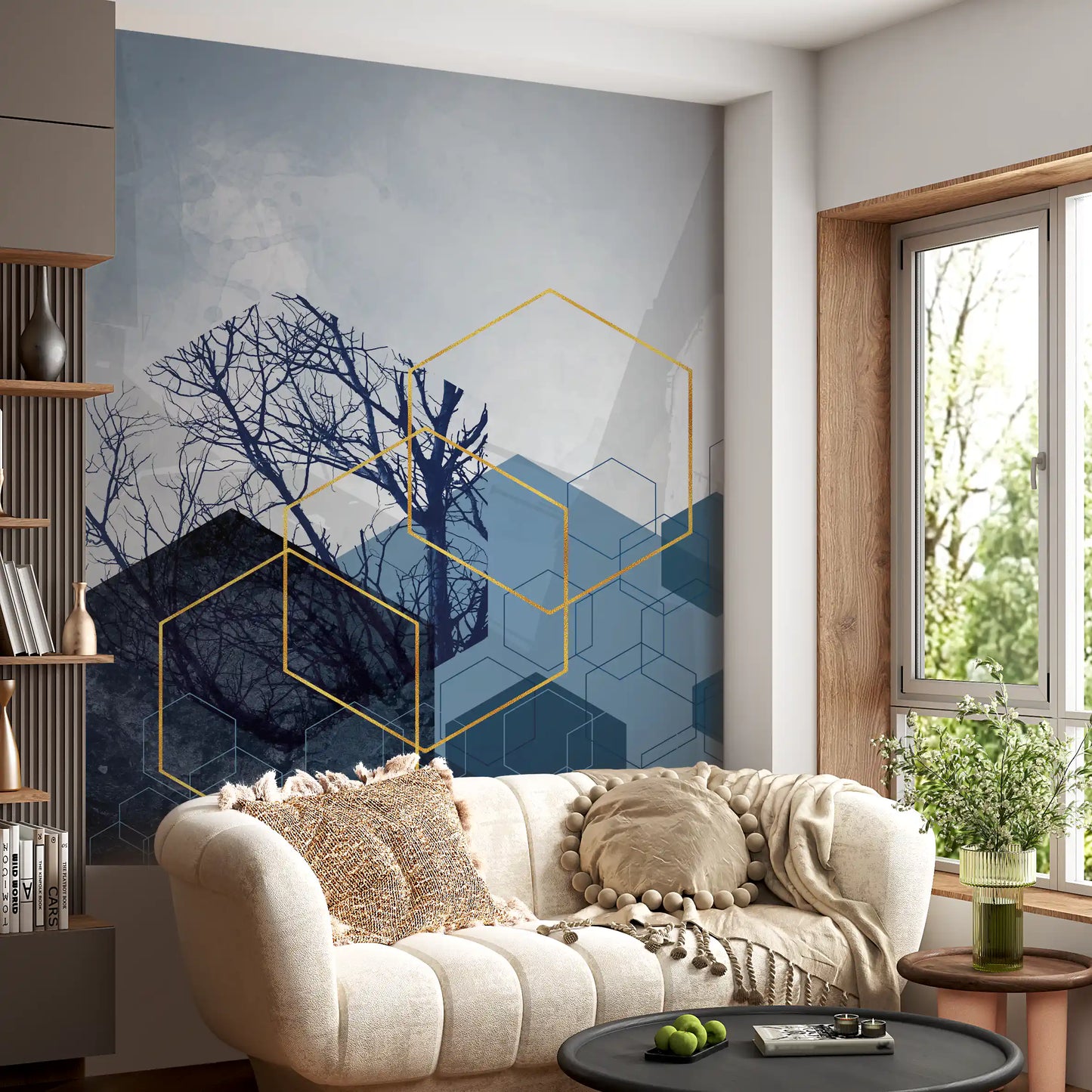 Decorative wall mural showing dark forest trees and geometric lines., GD10270