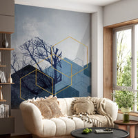 Decorative wall mural showing dark forest trees and geometric lines., GD10270