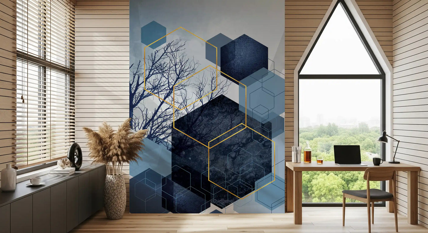 Abstract forest wall mural design with precise geometric overlays.