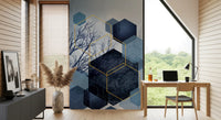 Modern wall mural with blue forest elements and layered hexagons in study room.