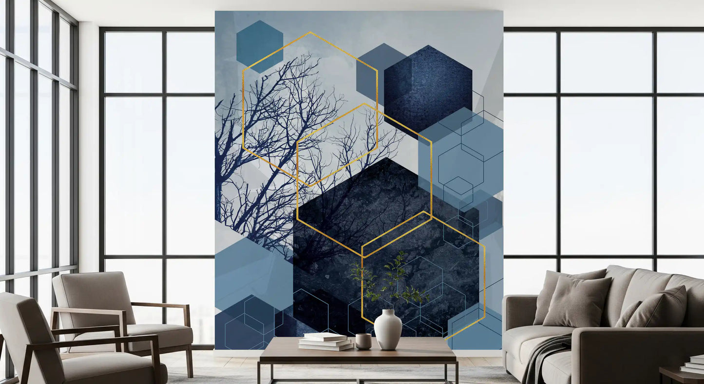 Artistic wall mural highlighting forest textures and metallic lines.