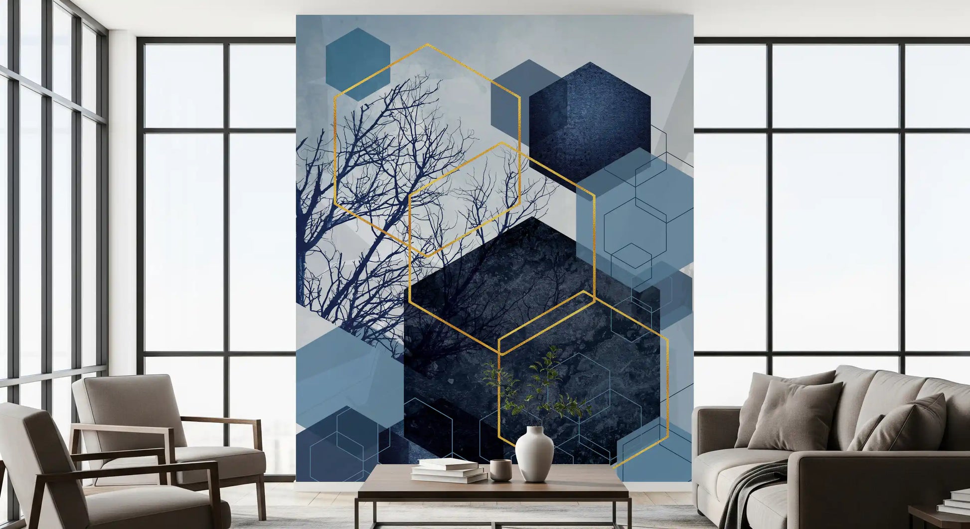 Artistic wall mural highlighting forest textures and metallic lines.