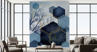 Artistic wall mural highlighting forest textures and metallic lines.