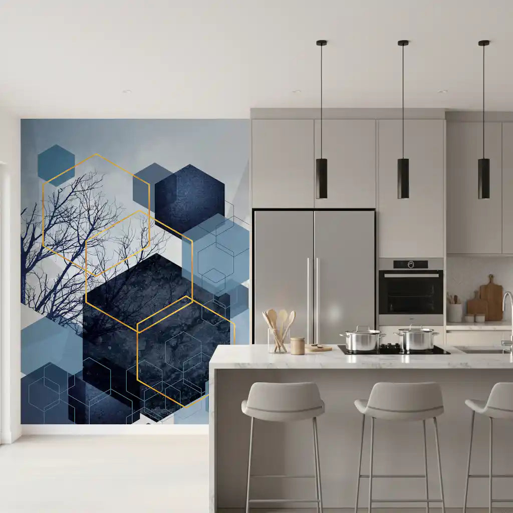 Geometric Forest Glimmer Wall Mural displayed in a contemporary dining room.
